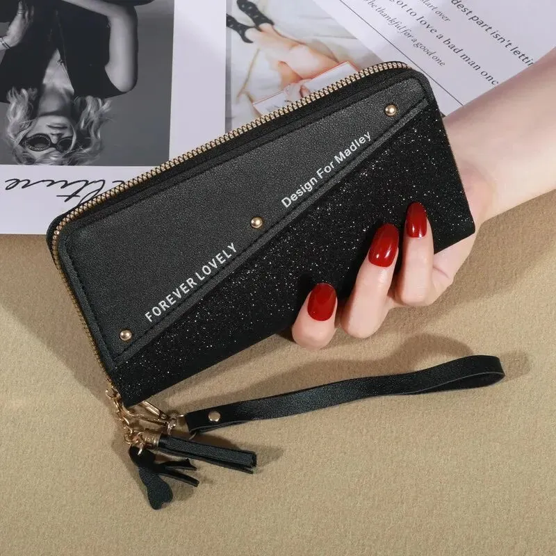 Women's Zipper Wallet with Color Contrast Tassel