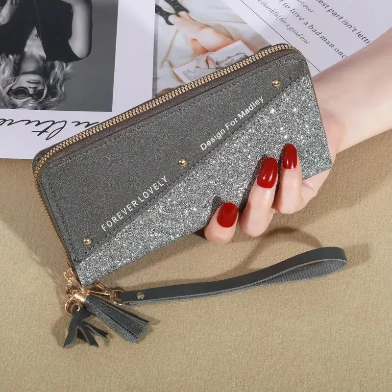 Women's Zipper Wallet with Color Contrast Tassel
