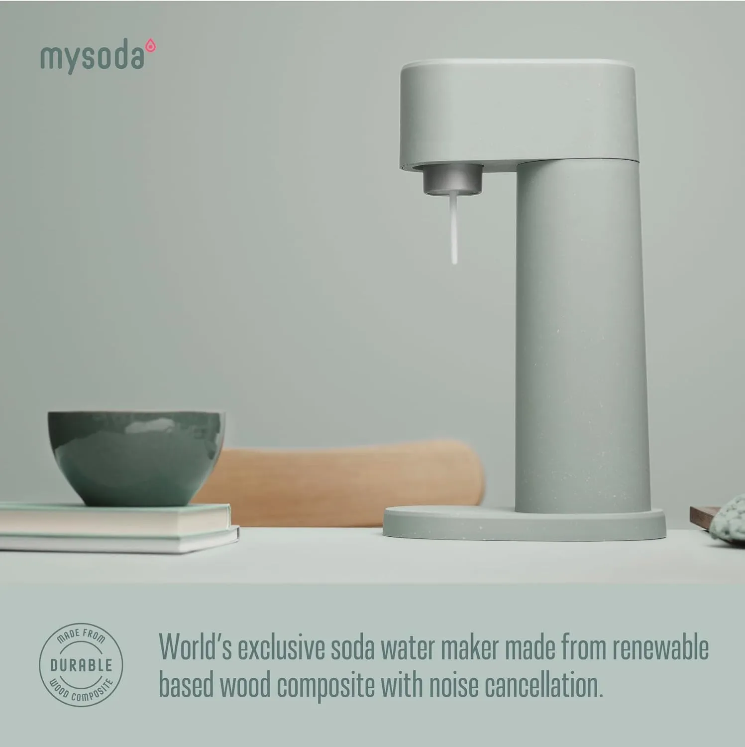 Woody Sparkling Water Maker - Silent Carbonated Water Machine Made of Renewable Wood Composite and 1L Water Bottle - Without CO2 Cylinder - Seltzer Maker Machine - Colour Sage Green