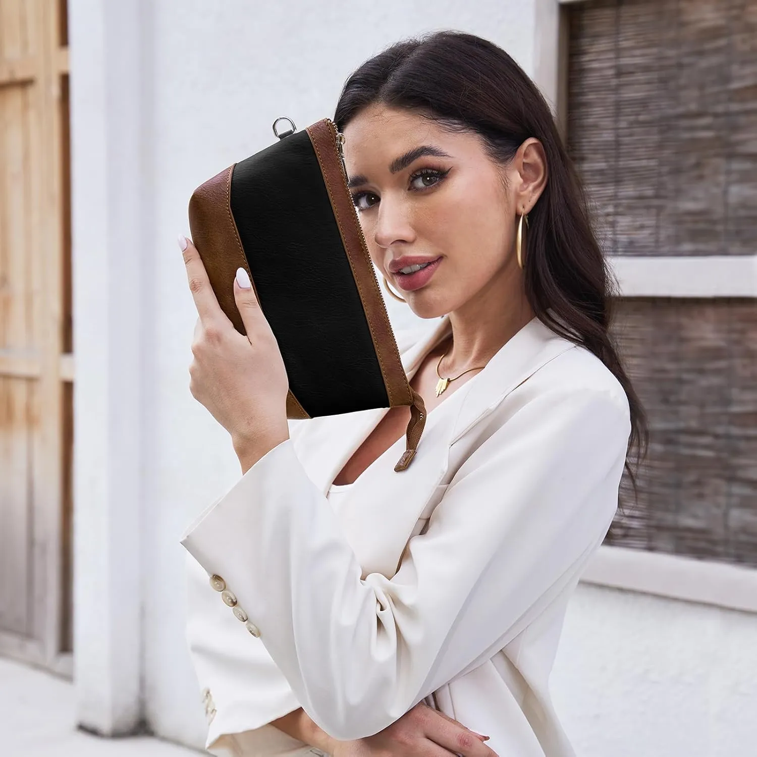 Wristlet Handbag Vegan Leather for Women with Detachable Wristlet and Keychain, Zipper Closure