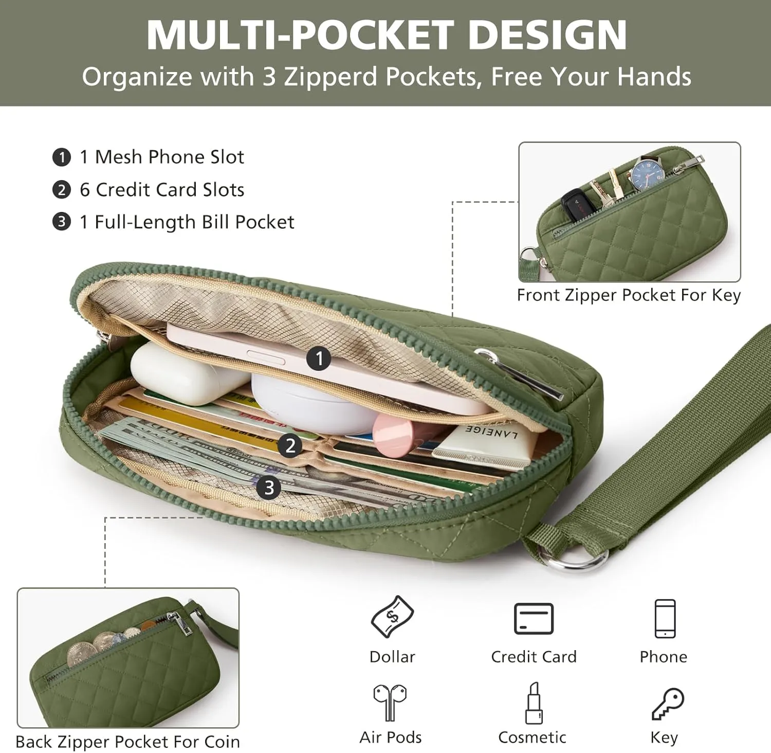 Wristlet Wallets Women RFID Card Holder 7.9" Phone Wallet Small Purse 3 Zipper Quilted Nylon Clutch Bag Daily Travel