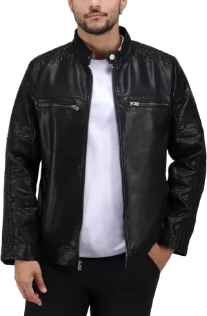 X RAY Mens Faux Leather Jacket with Hood, Hooded Stand Collar PU Leather Jacket for Men, Black, Large