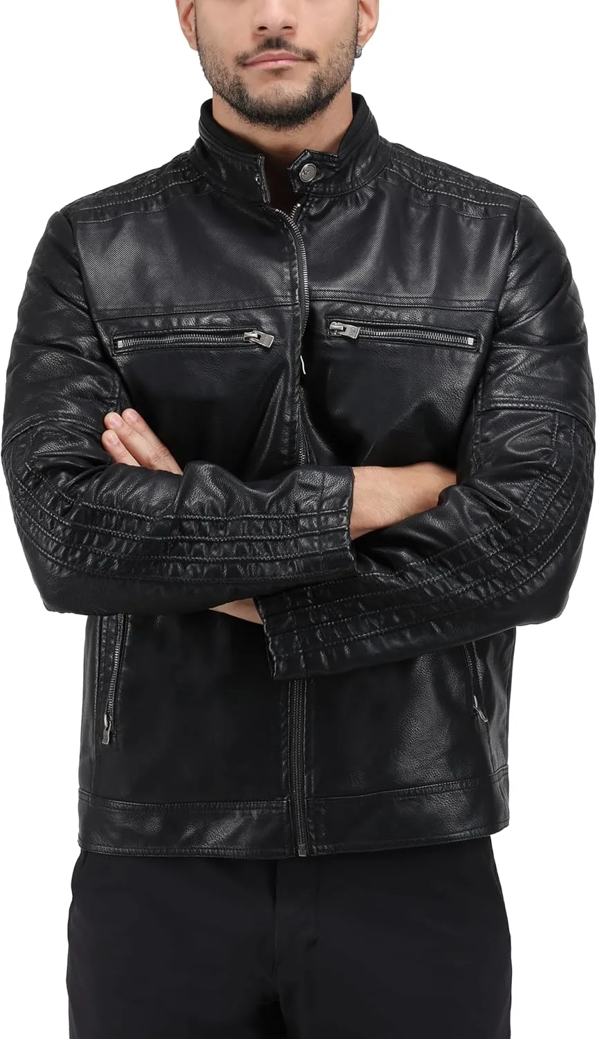 X RAY Mens Faux Leather Jacket with Hood, Hooded Stand Collar PU Leather Jacket for Men, Black, Large