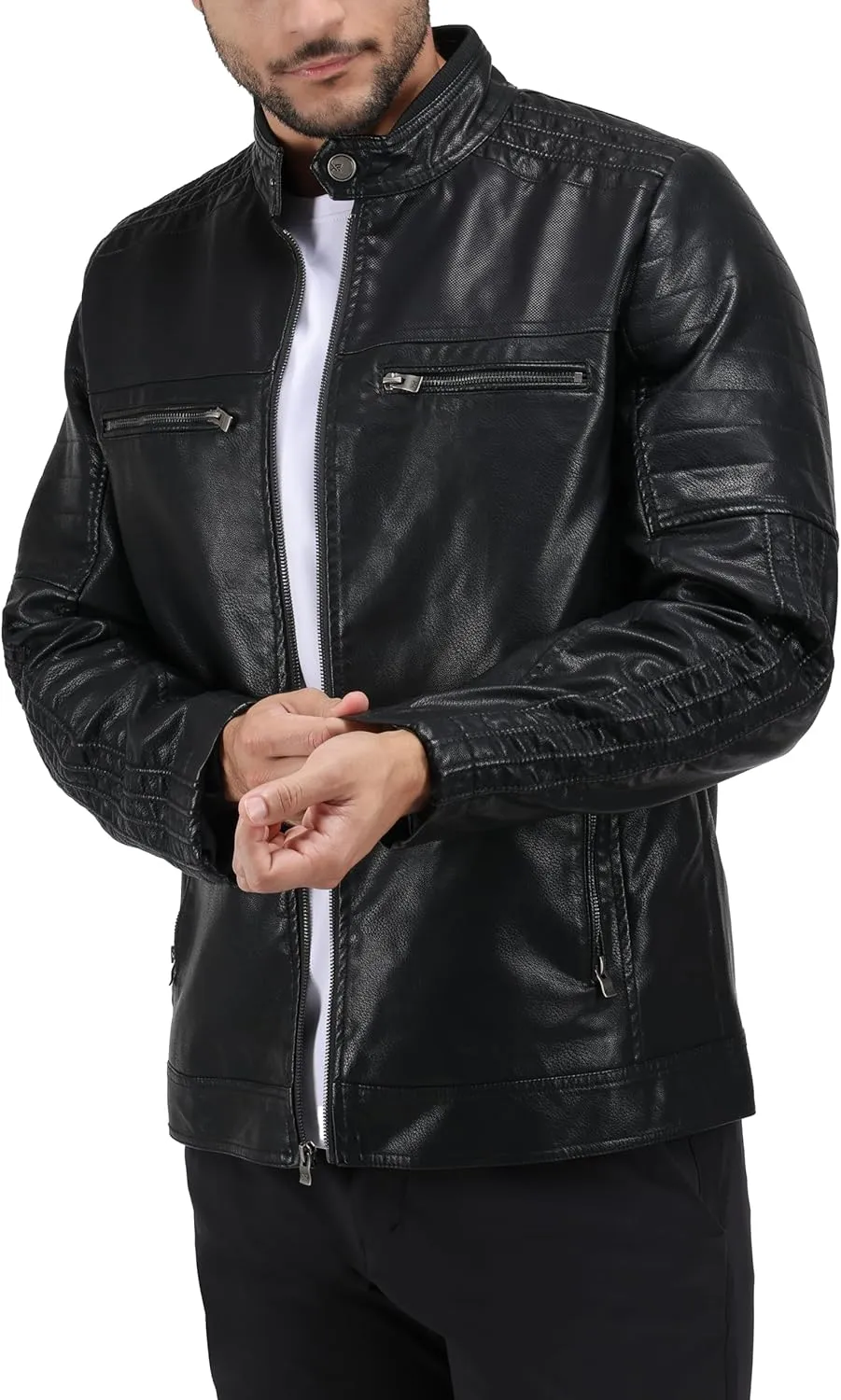 X RAY Mens Faux Leather Jacket with Hood, Hooded Stand Collar PU Leather Jacket for Men, Black, Large