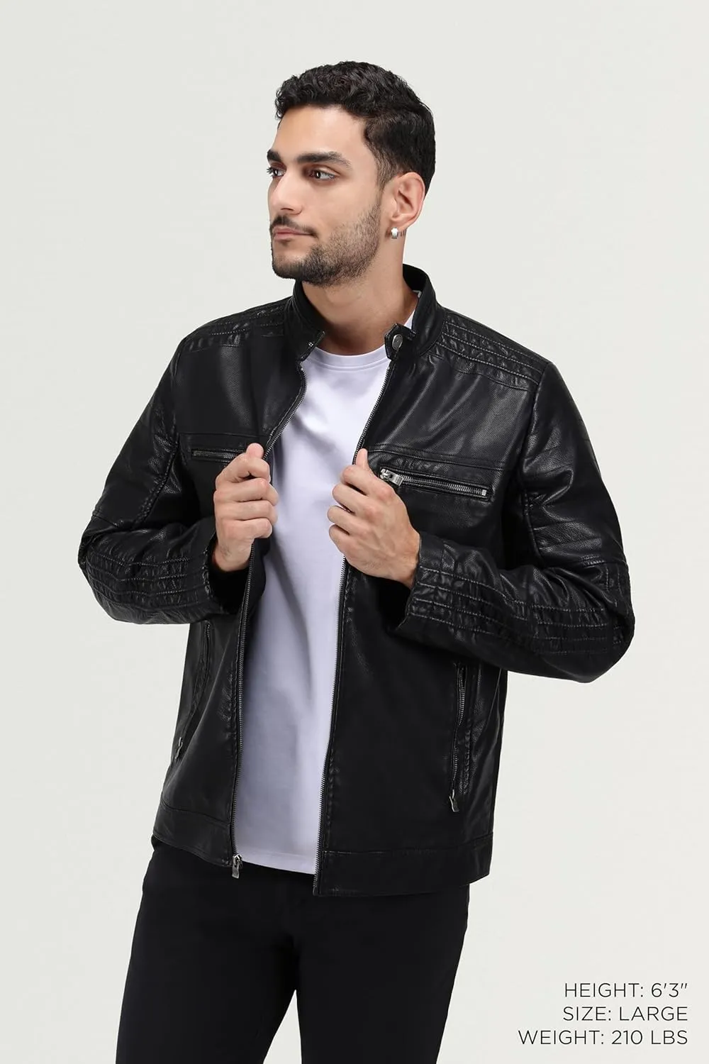 X RAY Mens Faux Leather Jacket with Hood, Hooded Stand Collar PU Leather Jacket for Men, Black, Large