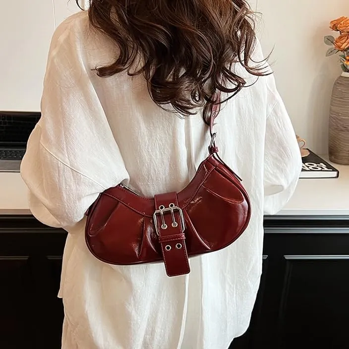 Y2k Shoulder Bag for Women Half Moon Bag Rivet Punk Hobo Purse Buckle Underarm Purses and Handbags