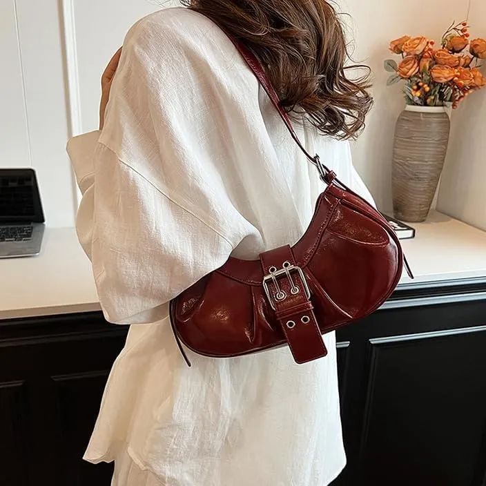 Y2k Shoulder Bag for Women Half Moon Bag Rivet Punk Hobo Purse Buckle Underarm Purses and Handbags