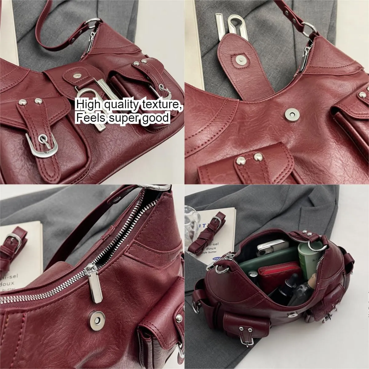 Y2k Shoulder Purse Women Trendy Leather Tote Bag Cute Punk Streetwear Accessories 2000s Designer Handbags
