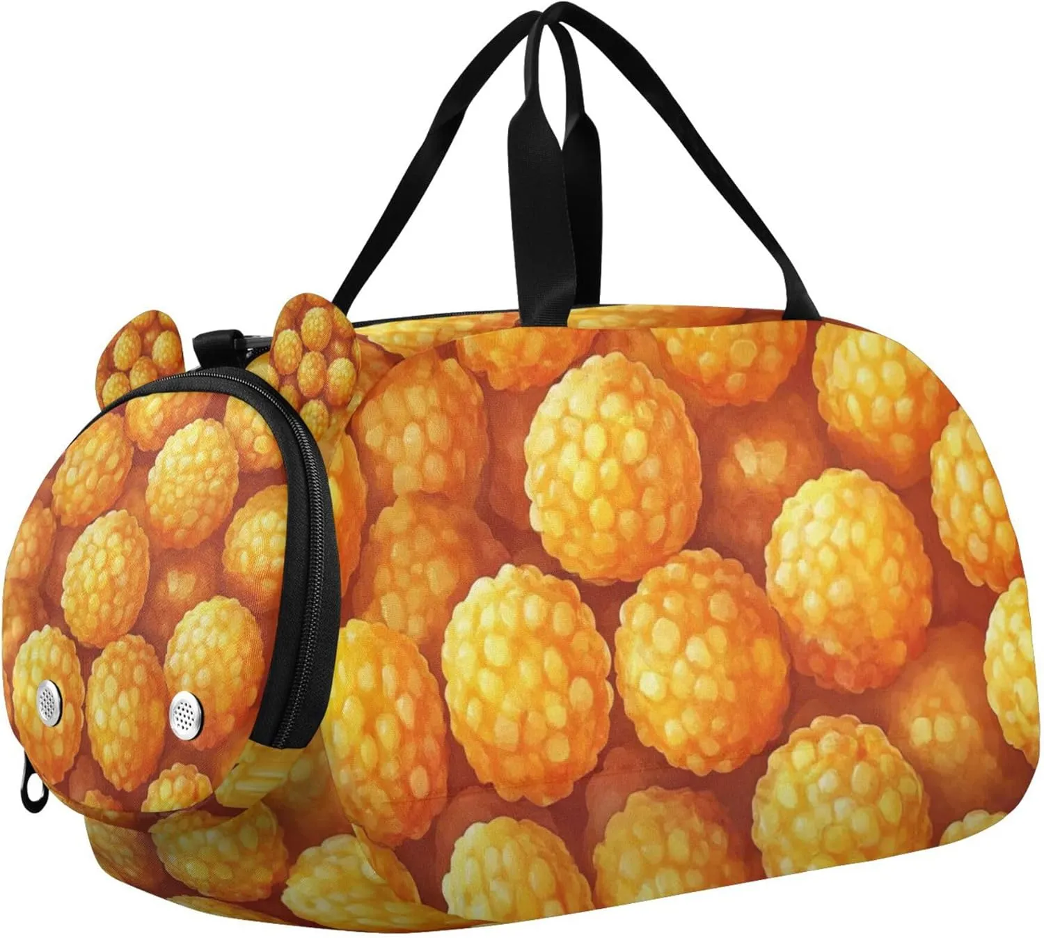 Yellow Cheese Corn Balls Sports Duffle Bag for Teens Girls Boys, Gym Bag with Shoe Compartment, Kids Travel Overnight Weekender Shoulder Bag