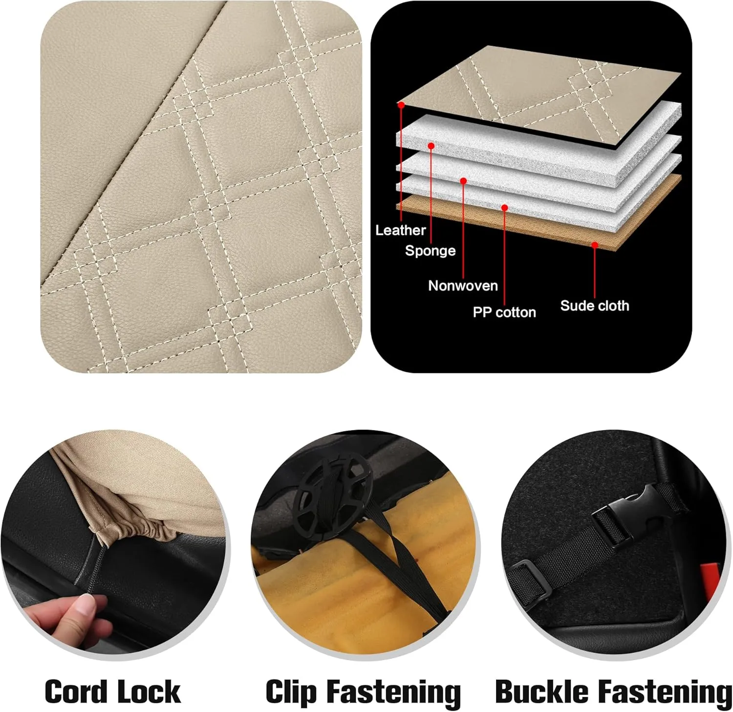 YGL Luxury PU Leather Car Seat Covers Front Set, Non-Slip Seat Cover Protectors, Universal Fit for Cars, Trucks, SUVs, Vans, Pickups, Airbag Compatible, Seat Covers for Car Interior (Beige)