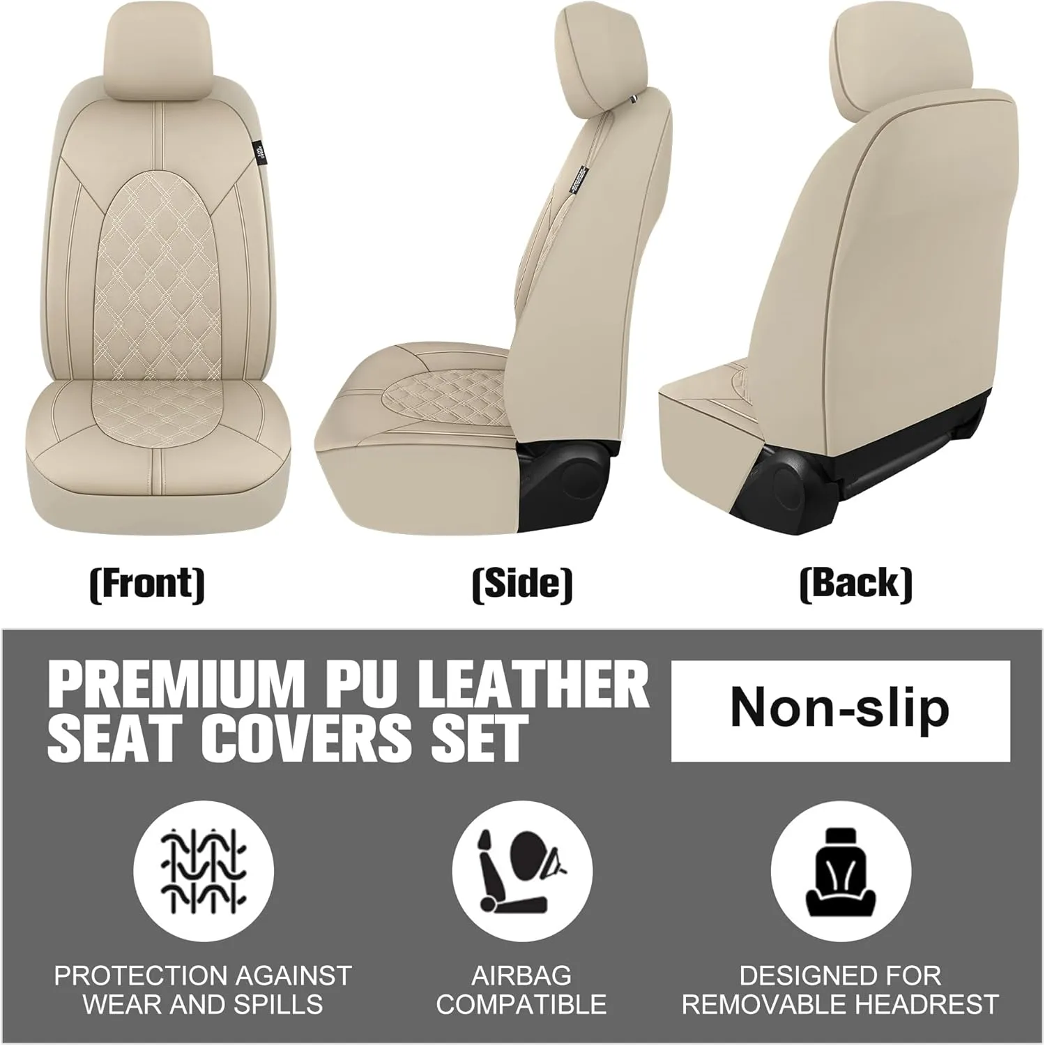YGL Luxury PU Leather Car Seat Covers Front Set, Non-Slip Seat Cover Protectors, Universal Fit for Cars, Trucks, SUVs, Vans, Pickups, Airbag Compatible, Seat Covers for Car Interior (Beige)