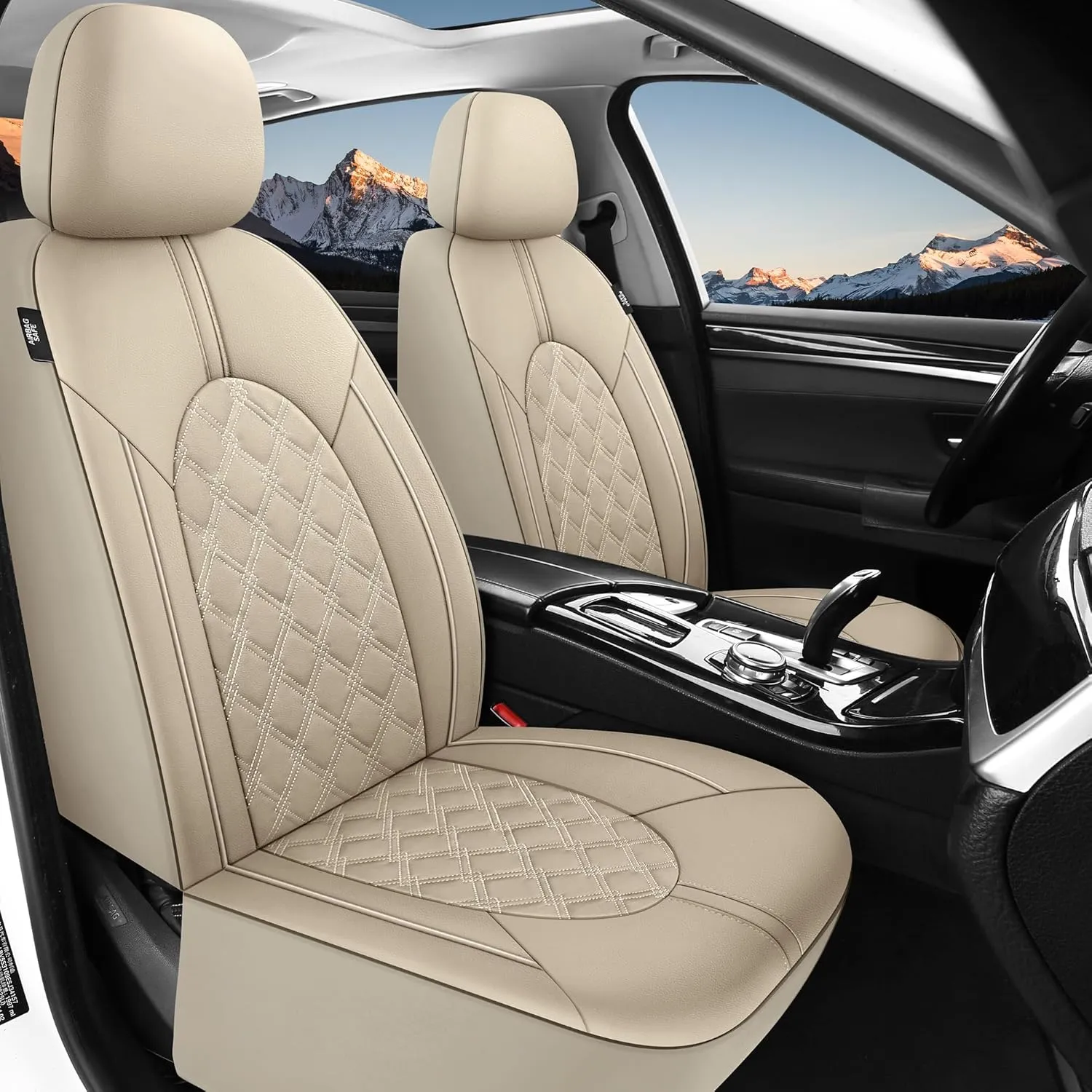 YGL Luxury PU Leather Car Seat Covers Front Set, Non-Slip Seat Cover Protectors, Universal Fit for Cars, Trucks, SUVs, Vans, Pickups, Airbag Compatible, Seat Covers for Car Interior (Beige)