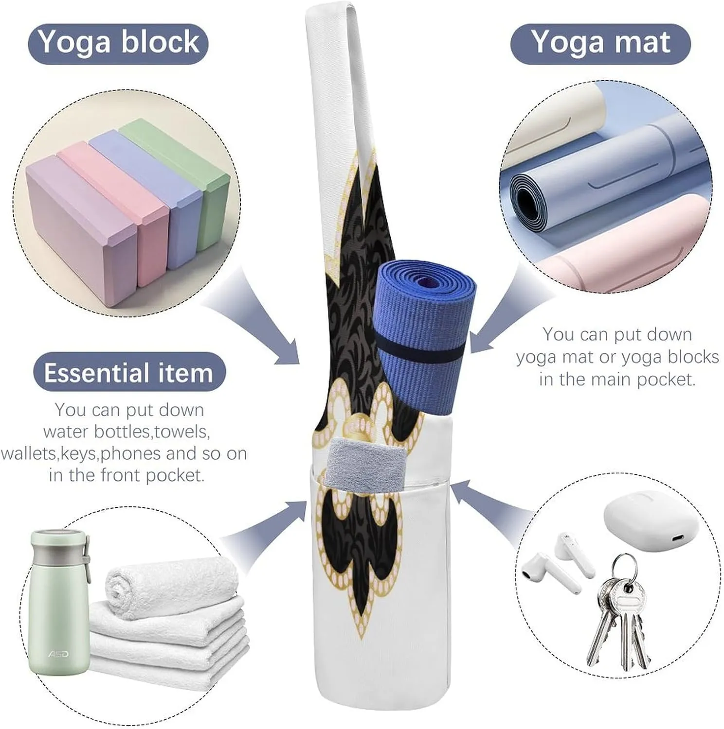 Yoga Mat Bag, Soft Canvas Storage Bag Fashion Mat Bag for Clothes Dorm Organizer with Pocket Shoulder Strap