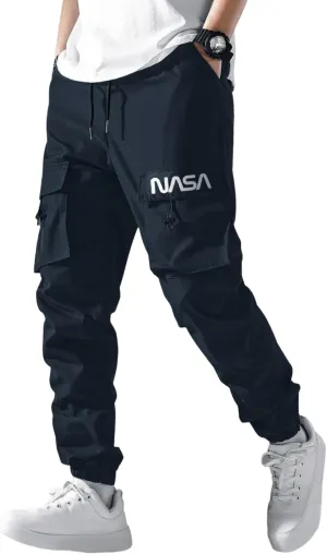 ZAFUL Men's NASA Letter Graphic Drawstring Multi-Pocket Beam Feet Cargo Pants