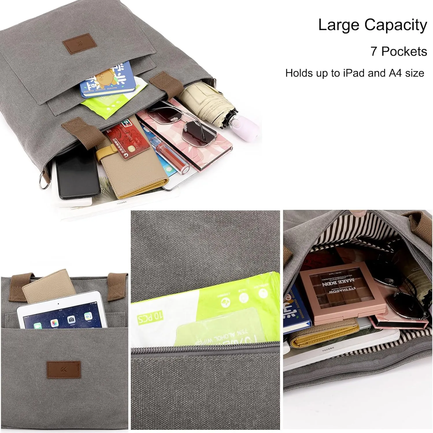 zhongningyifeng Canvas Tote Bag for Women A4 Handbag with Zipper Shoulder Bag for Shopping Travel Work