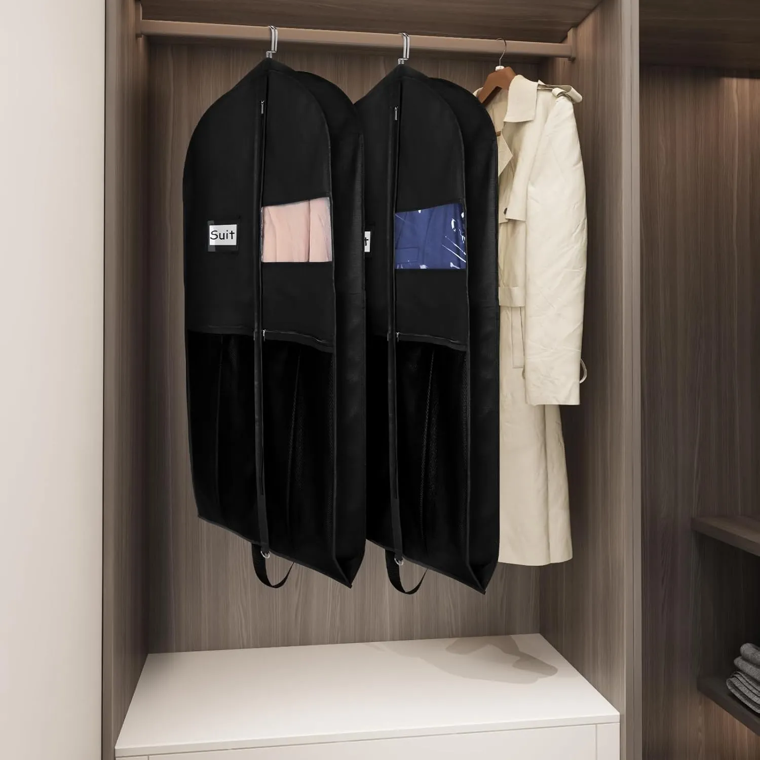 Zilink Garment Bags for Hanging Clothes Travel 43" Suit Bags for Closet Storage with Mesh Pockets Breathable Clothes Bags for Travel, Clothes,Suits,T-shirts and Jackets with PVC Card Holder（2 Pack）