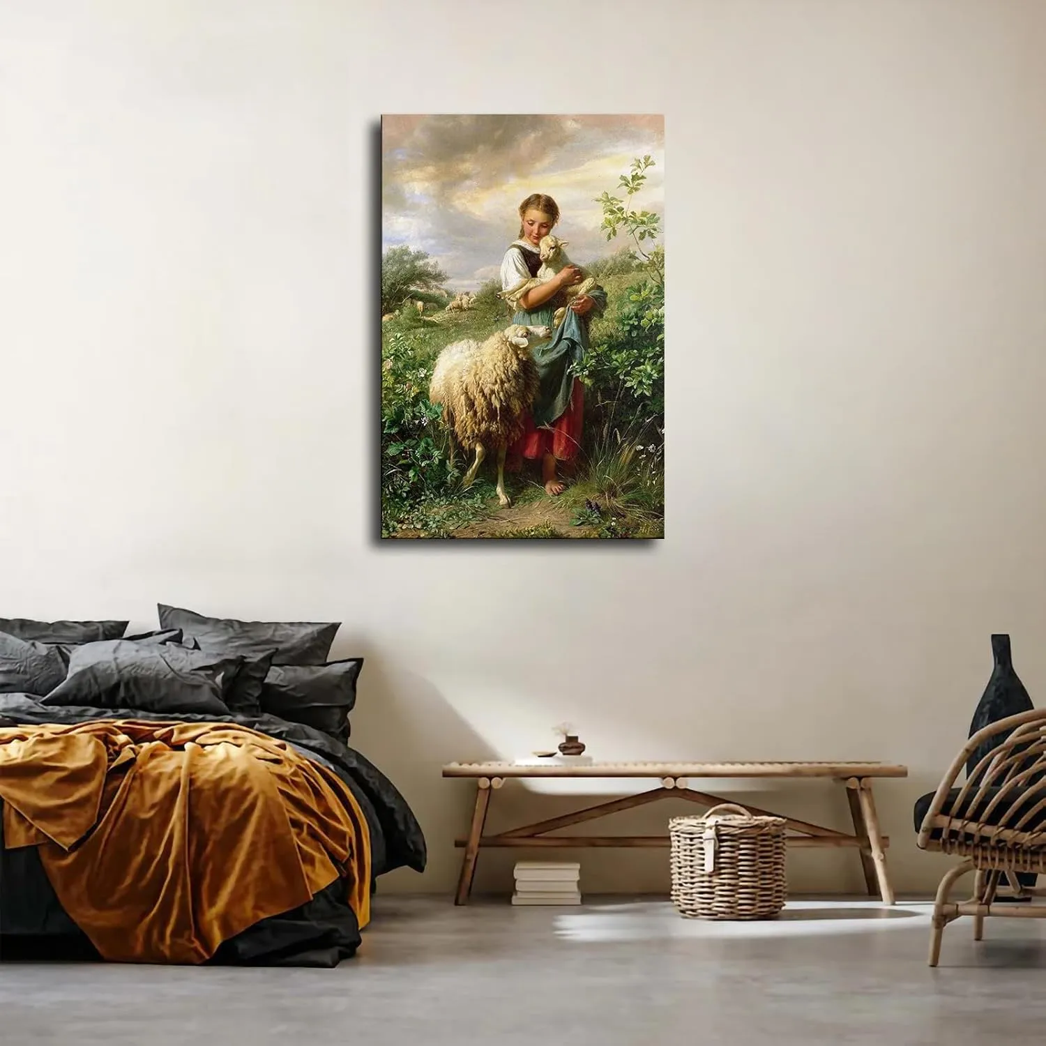 ZJWZJY The Shepherdess 1866 By Johann Baptist Hofner Poster Decorative Painting Modern Picture Canvas Wall Art Bedroom Office Living Room Decoration (24x36inch Framed)