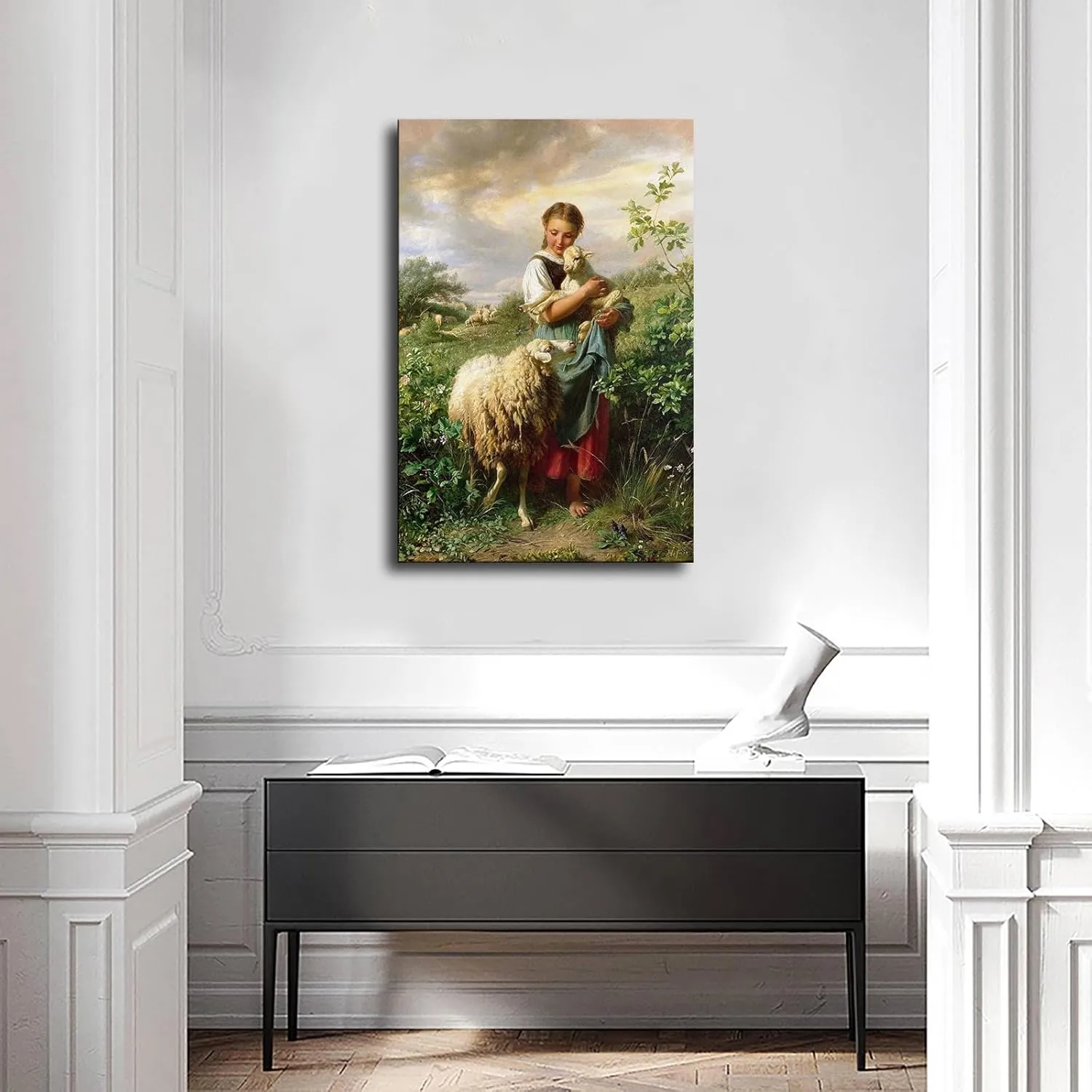 ZJWZJY The Shepherdess 1866 By Johann Baptist Hofner Poster Decorative Painting Modern Picture Canvas Wall Art Bedroom Office Living Room Decoration (24x36inch Framed)